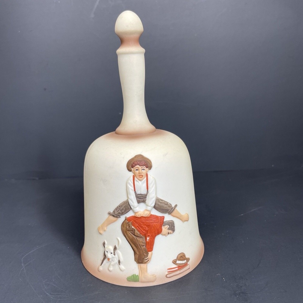 1980 Norman‎ Rockwell Porcelain Hand Bell Dave Grossman Design Boys Leapfrog Dog